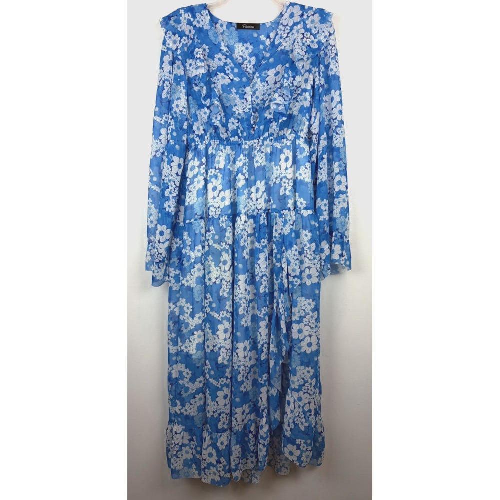 Floral Chiffon Dress Womens Medium Button Front Boho Cottagecore Blue Fairy